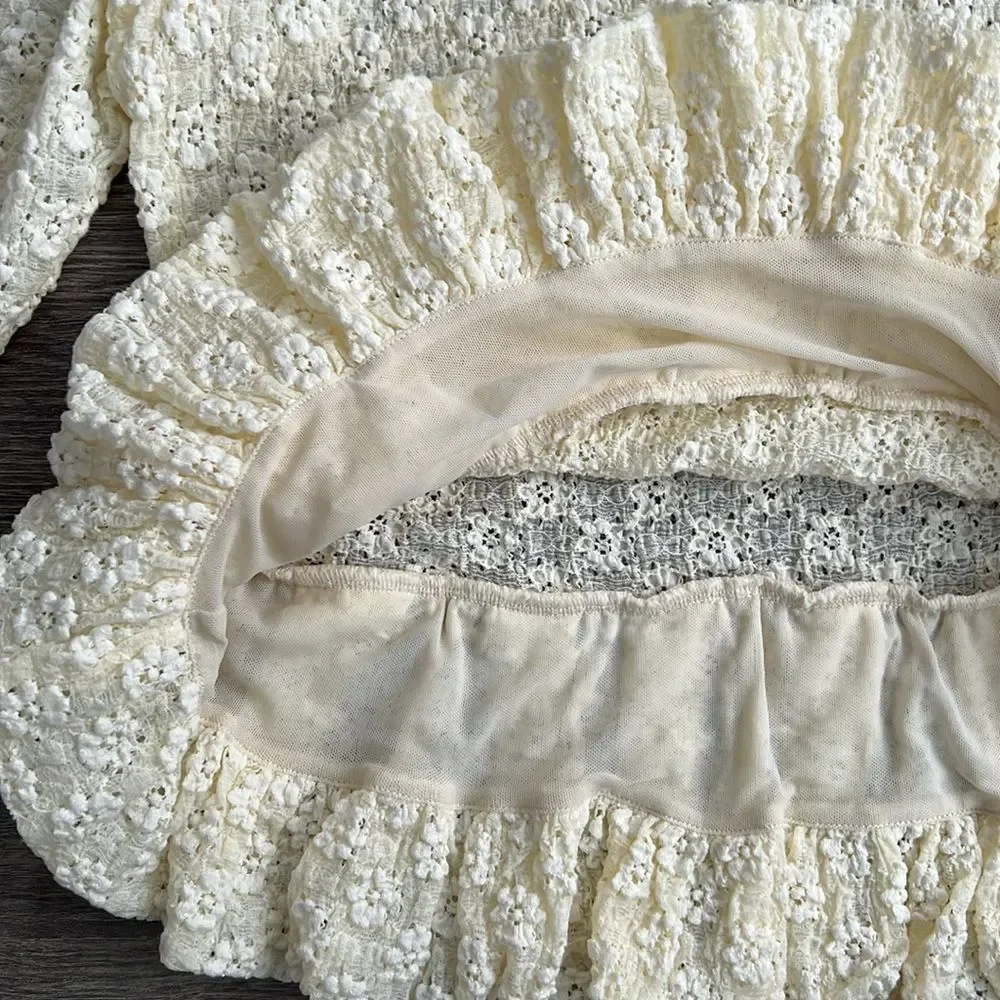REBECCA TAYLOR Lace Peplum Top XL Antique Cream Floral Cloque Coquette Boho NWT